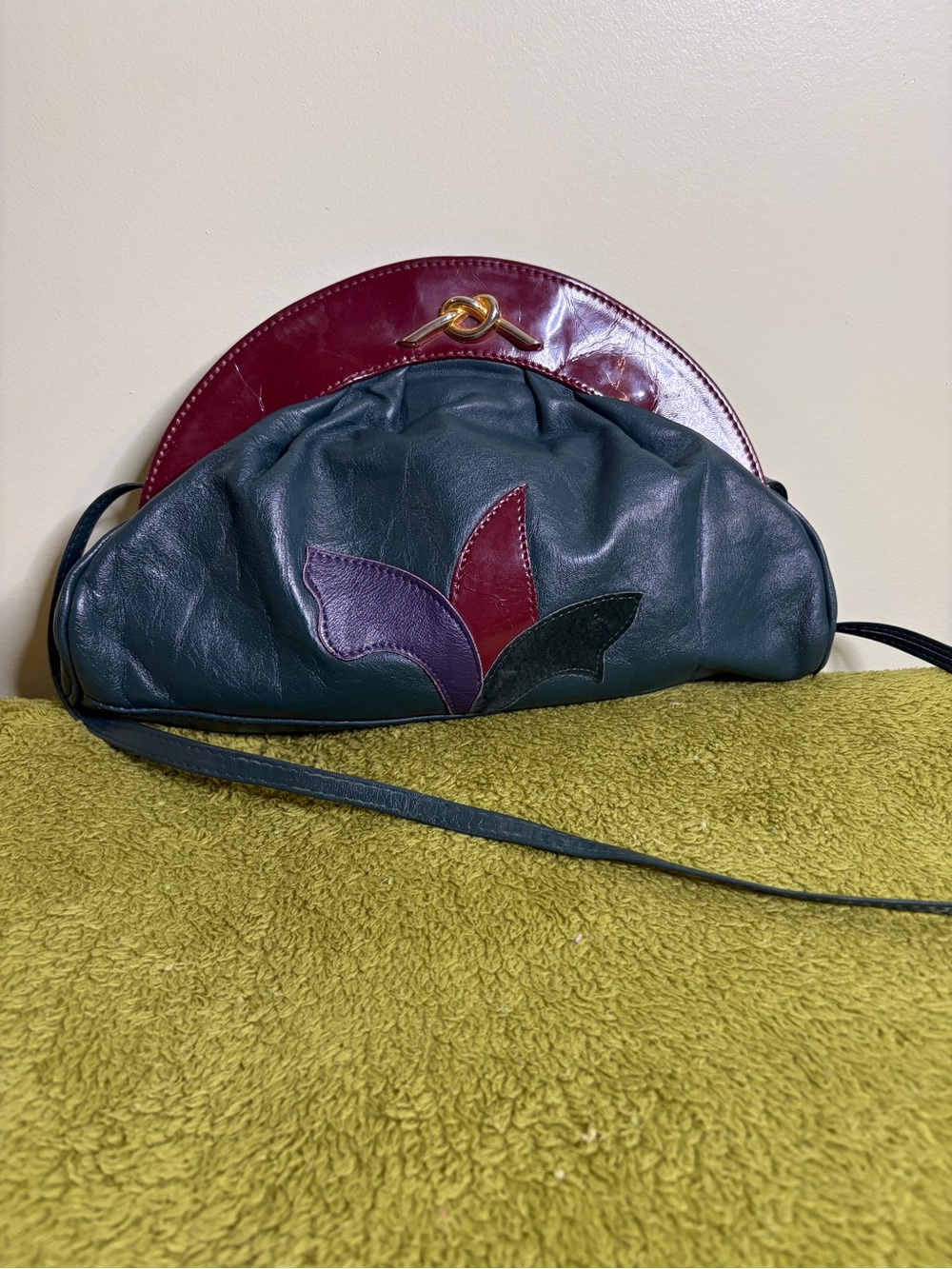 Vintage Dark Teal Shoulder Bag with Burgundy and Purple Petal Accents